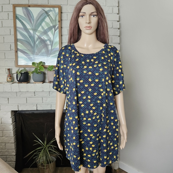 Lularoe dress plus size 3XL blue yellow roses floral scoop neck short sleeves - Picture 1 of 14
